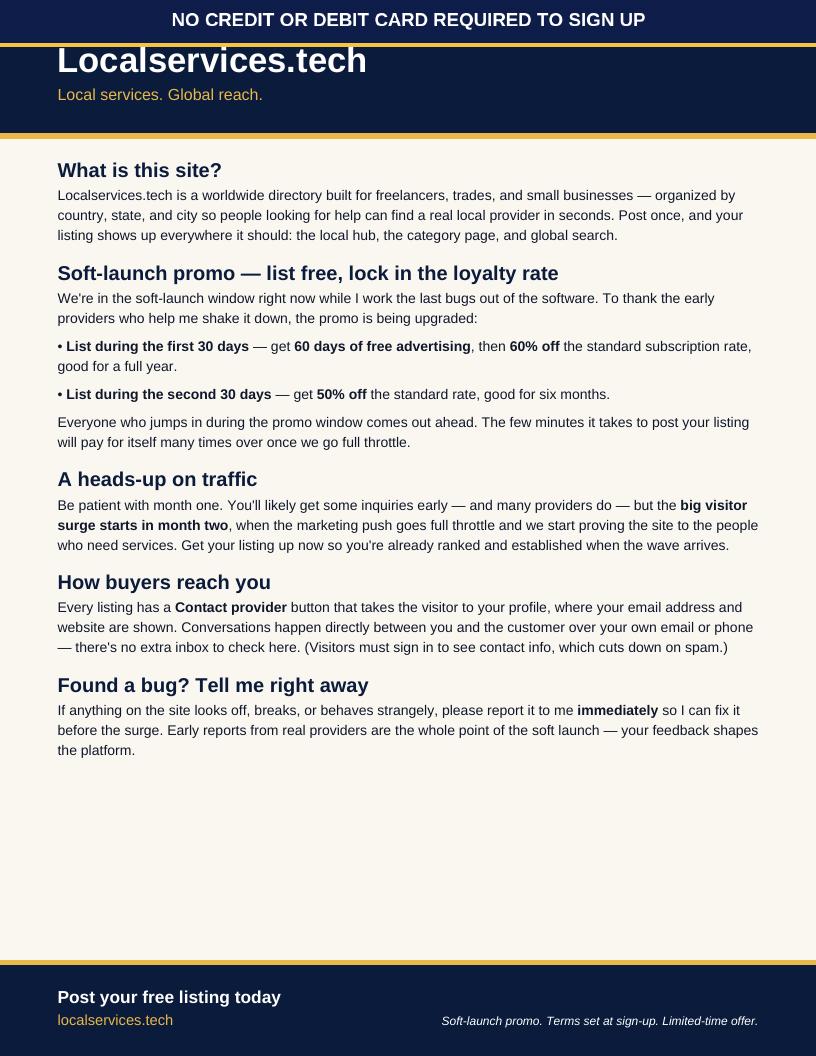 Back side of the Localservices.tech English flyer explaining free local business directory benefits and how to list a service business.