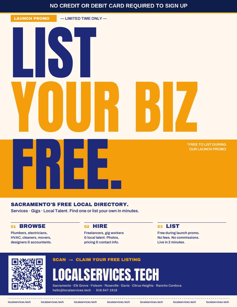 Localservices.tech free local business directory flyer front in English for Sacramento and nearby service providers.
