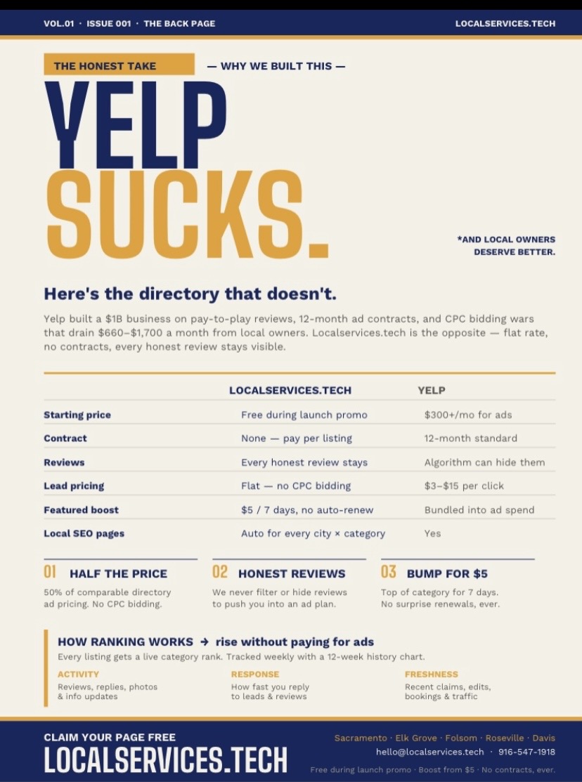 Back side of the Localservices.tech vs Yelp English flyer with local marketing and directory value details for small businesses.