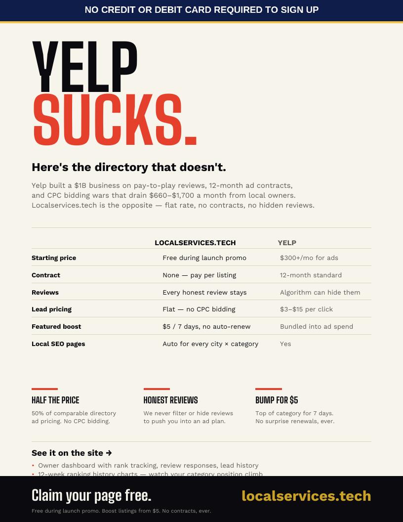 Localservices.tech vs Yelp comparison flyer in English showing flat-rate directory pricing versus Yelp's 12-month contracts.