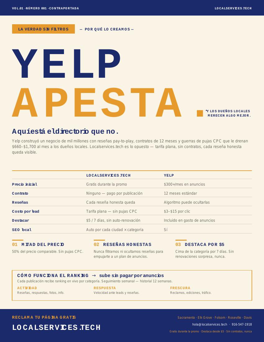 Reverso del folleto comparativo en español de Localservices.tech vs Yelp con contexto para negocios locales.